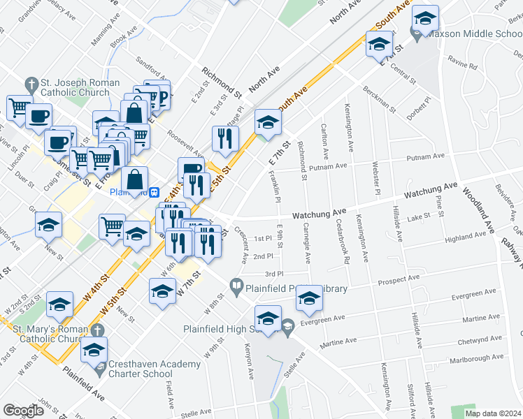 map of restaurants, bars, coffee shops, grocery stores, and more near 734 Watchung Avenue in Plainfield