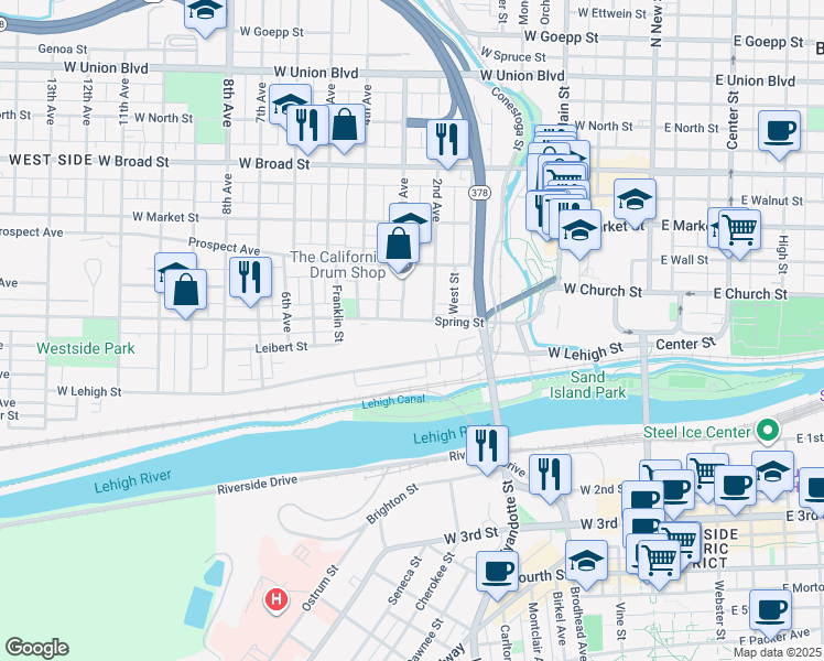 map of restaurants, bars, coffee shops, grocery stores, and more near 350 West Lehigh Street in Bethlehem