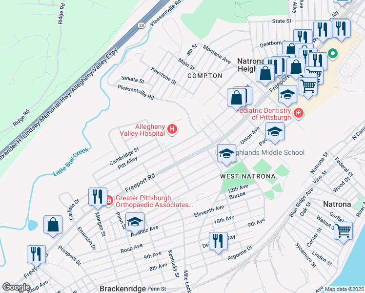 map of restaurants, bars, coffee shops, grocery stores, and more near 1313 Freeport Road in Natrona Heights