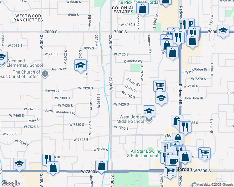 map of restaurants, bars, coffee shops, grocery stores, and more near 2172 West 7380 South in West Jordan