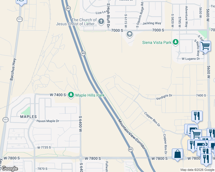 map of restaurants, bars, coffee shops, grocery stores, and more near Mountain View Corridor Trail in West Jordan