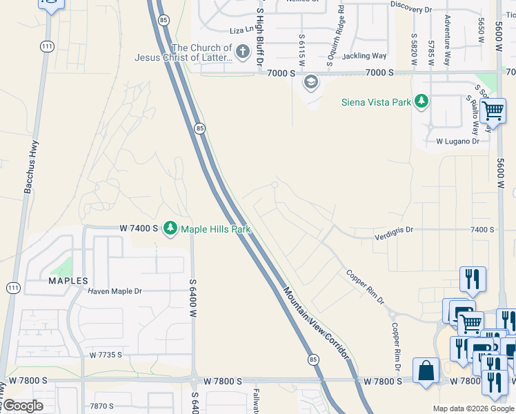 map of restaurants, bars, coffee shops, grocery stores, and more near Mountain View Corridor Trail in West Jordan