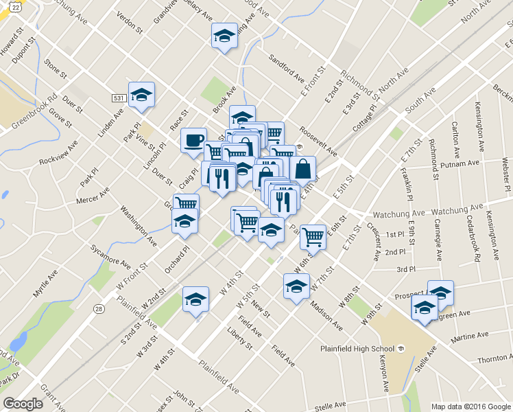 map of restaurants, bars, coffee shops, grocery stores, and more near 200 West 3rd Street in Plainfield