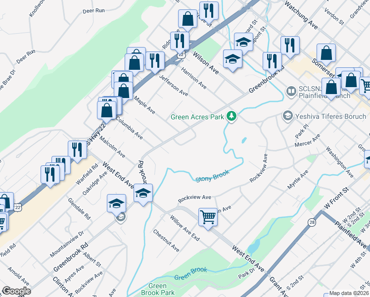 map of restaurants, bars, coffee shops, grocery stores, and more near 110 Sweetbriar Lane in North Plainfield
