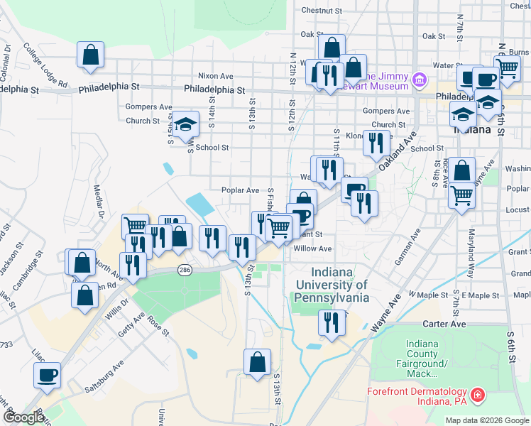 map of restaurants, bars, coffee shops, grocery stores, and more near 475 South 13th Street in Indiana