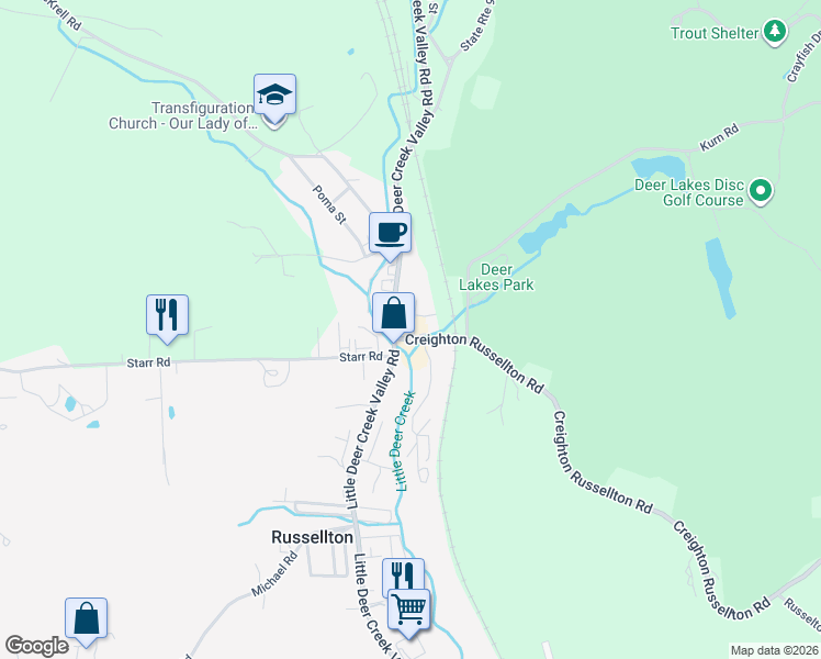 map of restaurants, bars, coffee shops, grocery stores, and more near 3 Creighton Russellton Road in Russellton
