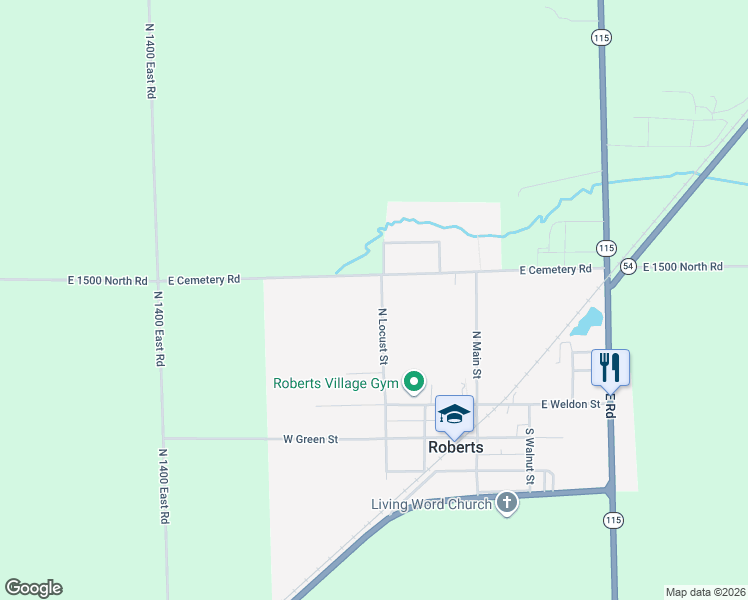 map of restaurants, bars, coffee shops, grocery stores, and more near 313 North Locust Street in Roberts