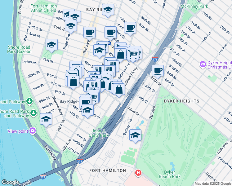 map of restaurants, bars, coffee shops, grocery stores, and more near 9040 Fort Hamilton Parkway in Brooklyn