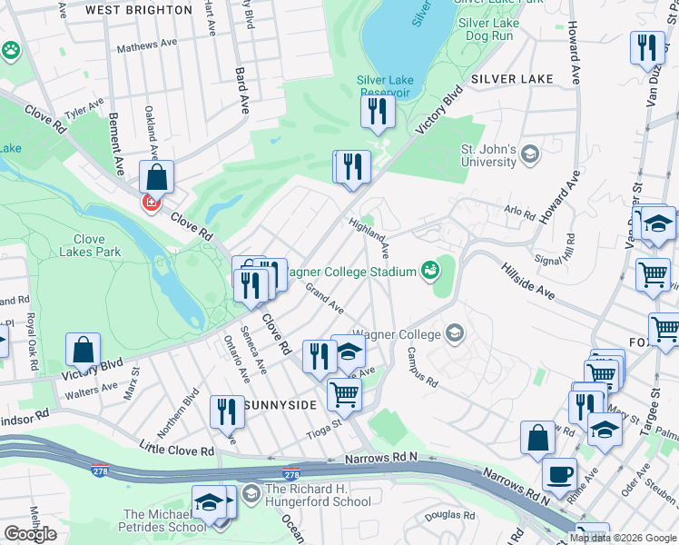 map of restaurants, bars, coffee shops, grocery stores, and more near 72 Dudley Avenue in Staten Island