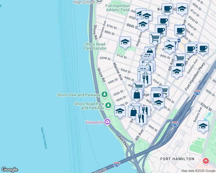 map of restaurants, bars, coffee shops, grocery stores, and more near 9485 Ridge Boulevard in Brooklyn
