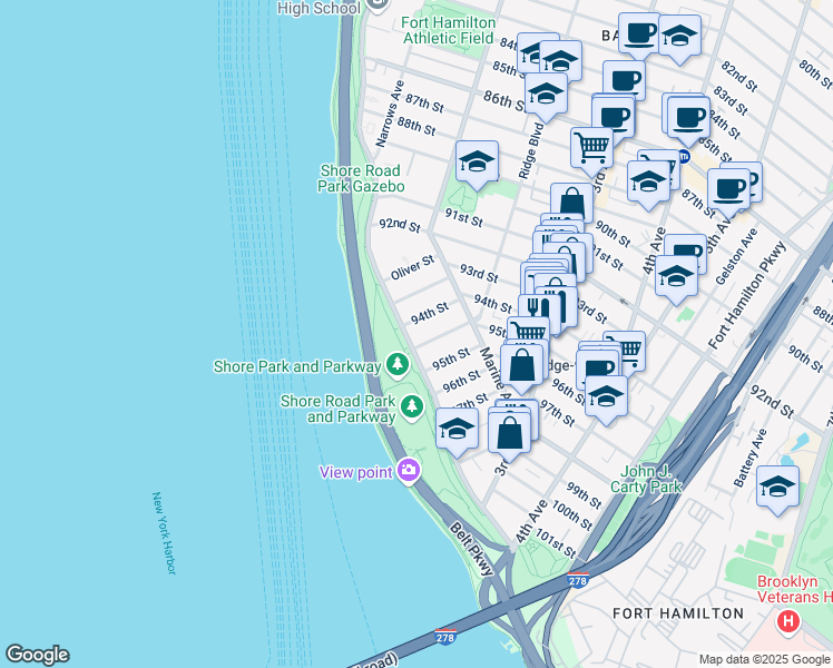 map of restaurants, bars, coffee shops, grocery stores, and more near 9411 Shore Road in Brooklyn