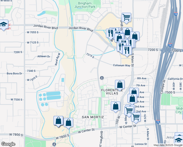 map of restaurants, bars, coffee shops, grocery stores, and more near 7302 Bingham Junction Boulevard in Midvale