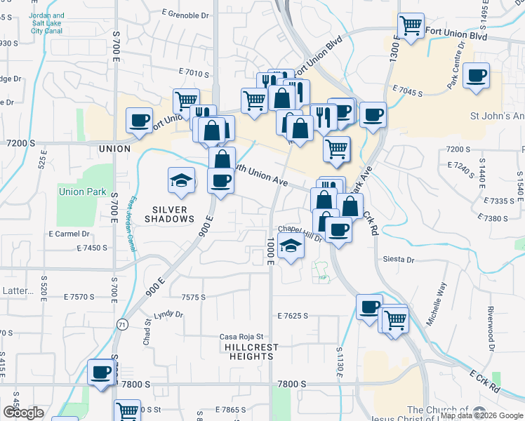 map of restaurants, bars, coffee shops, grocery stores, and more near 983 Springcrest Court in Midvale