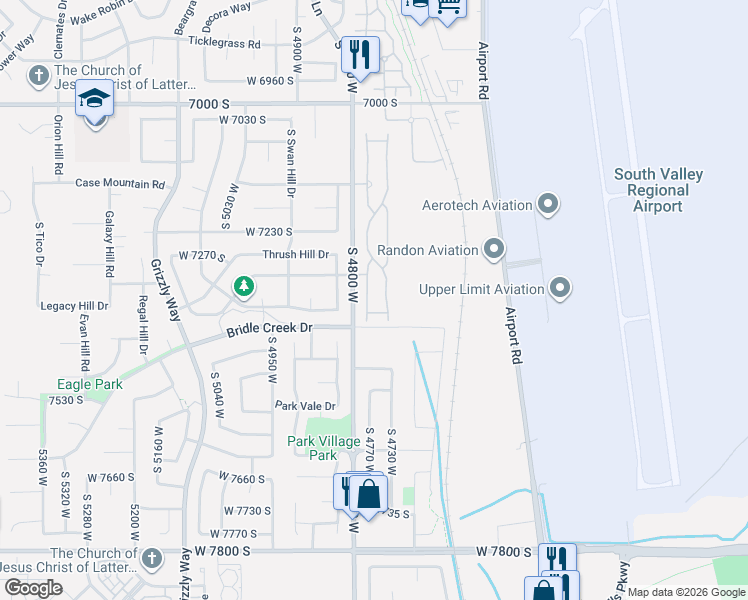map of restaurants, bars, coffee shops, grocery stores, and more near 7361 Geralee Lane in West Jordan