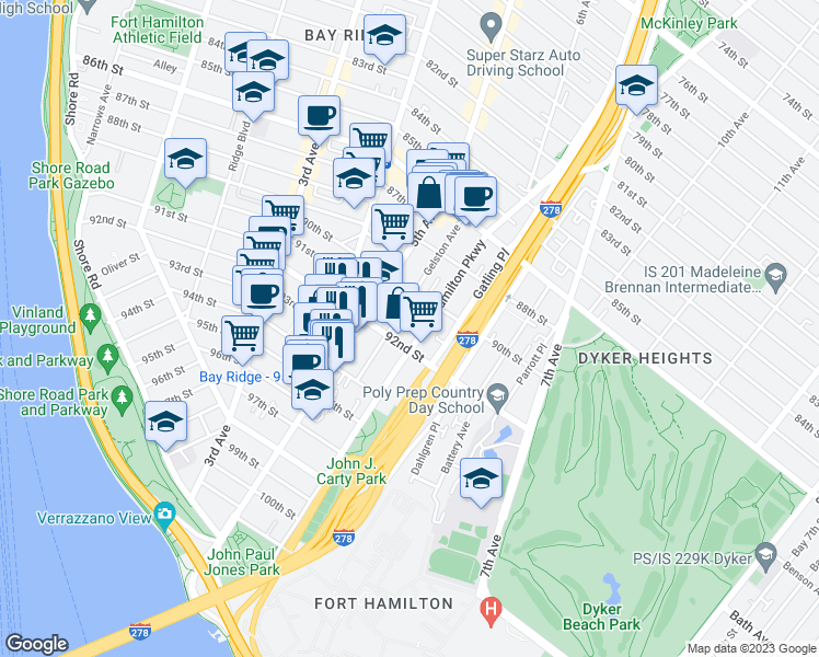 map of restaurants, bars, coffee shops, grocery stores, and more near 546 92nd Street in Brooklyn