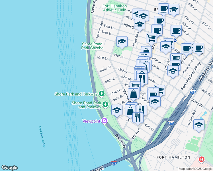 map of restaurants, bars, coffee shops, grocery stores, and more near 9485 Ridge Boulevard in Brooklyn