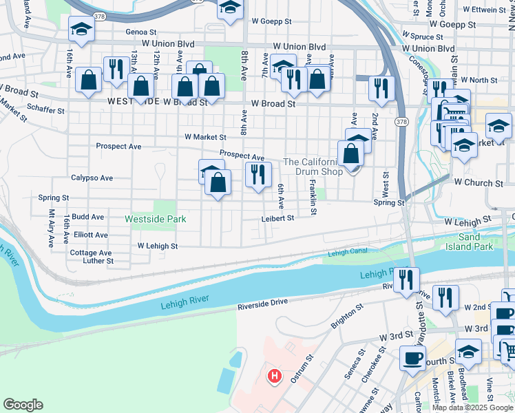 map of restaurants, bars, coffee shops, grocery stores, and more near 817 Leibert Street in Bethlehem