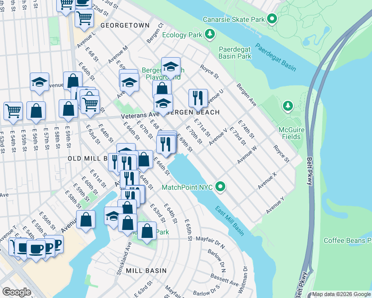 map of restaurants, bars, coffee shops, grocery stores, and more near 6807 Avenue V in Brooklyn