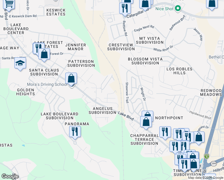 map of restaurants, bars, coffee shops, grocery stores, and more near 795 Shamrock Street in Redding