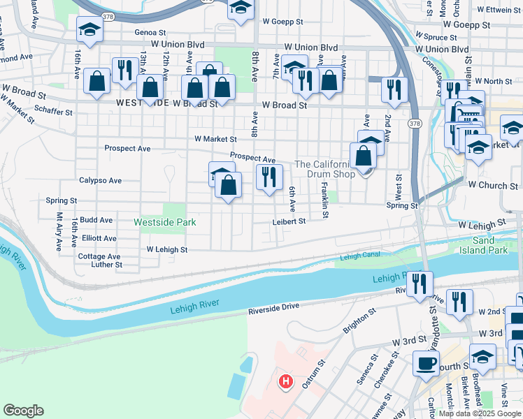 map of restaurants, bars, coffee shops, grocery stores, and more near 817 Leibert Street in Bethlehem