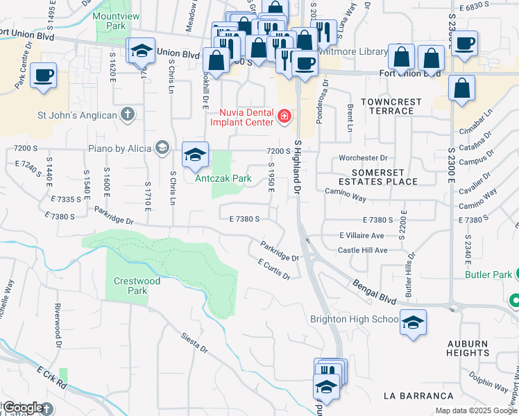 map of restaurants, bars, coffee shops, grocery stores, and more near 1926 East Brighton Ridge Drive in Cottonwood Heights