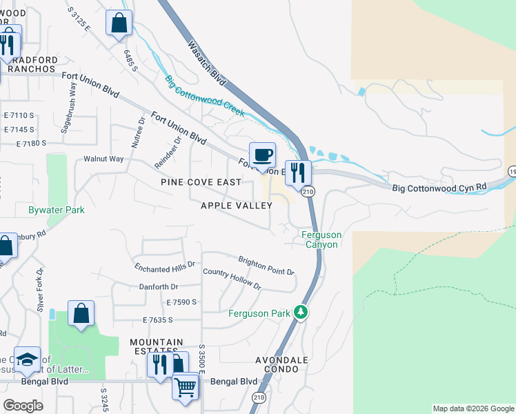 map of restaurants, bars, coffee shops, grocery stores, and more near 7337 Winesap Circle in Cottonwood Heights