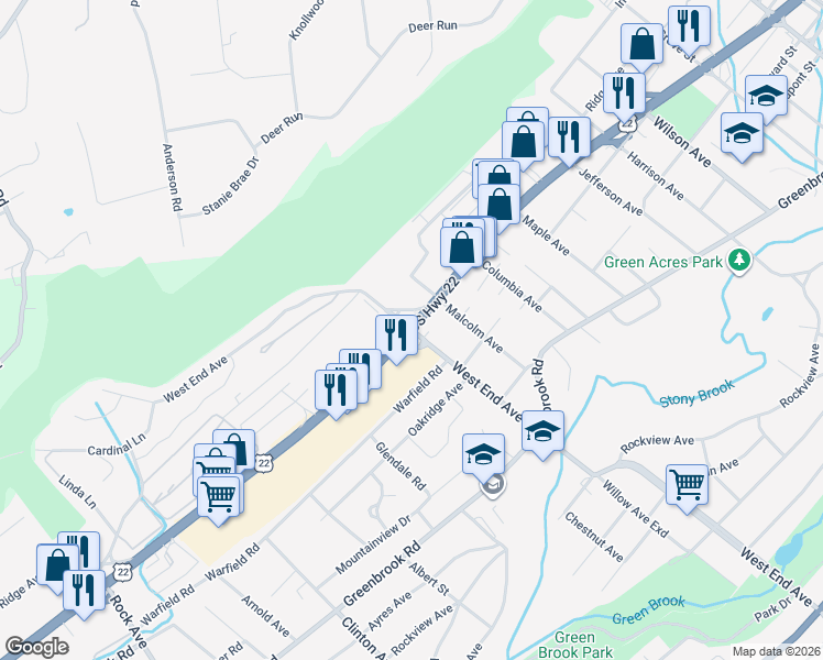 map of restaurants, bars, coffee shops, grocery stores, and more near U.S. 22 & West End Avenue in Plainfield