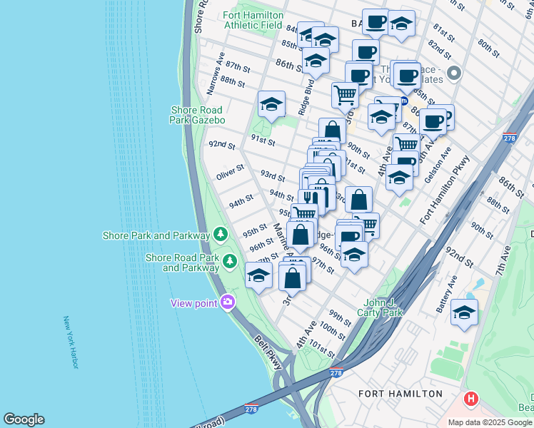 map of restaurants, bars, coffee shops, grocery stores, and more near 143 95th Street in Brooklyn