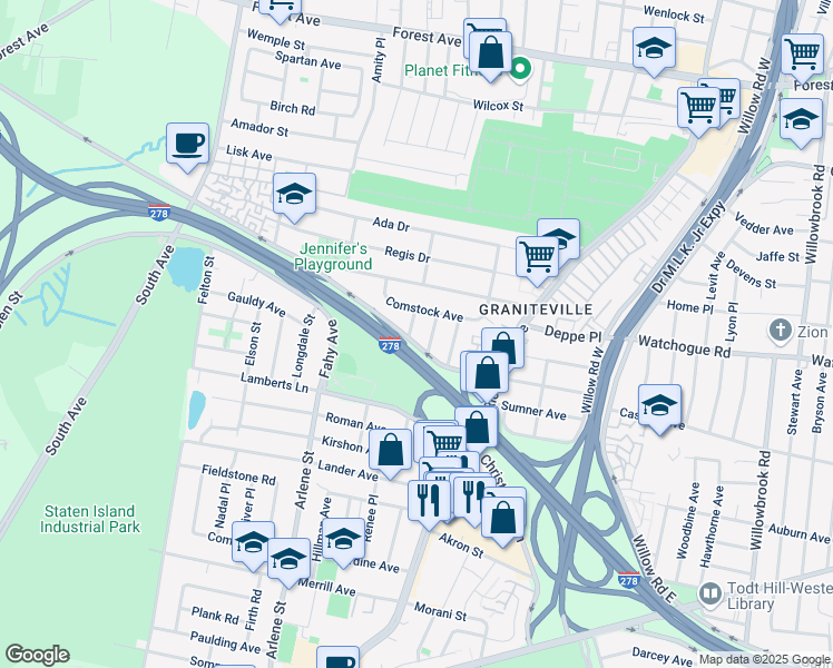 map of restaurants, bars, coffee shops, grocery stores, and more near 731 Goethals Road North in Staten Island