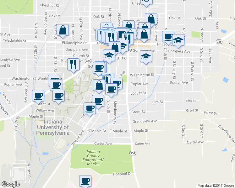 map of restaurants, bars, coffee shops, grocery stores, and more near 626 Locust Street in Indiana