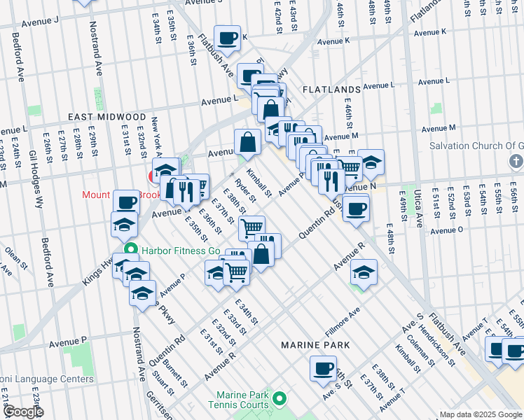 map of restaurants, bars, coffee shops, grocery stores, and more near Avenue P & Ryder Street in Brooklyn