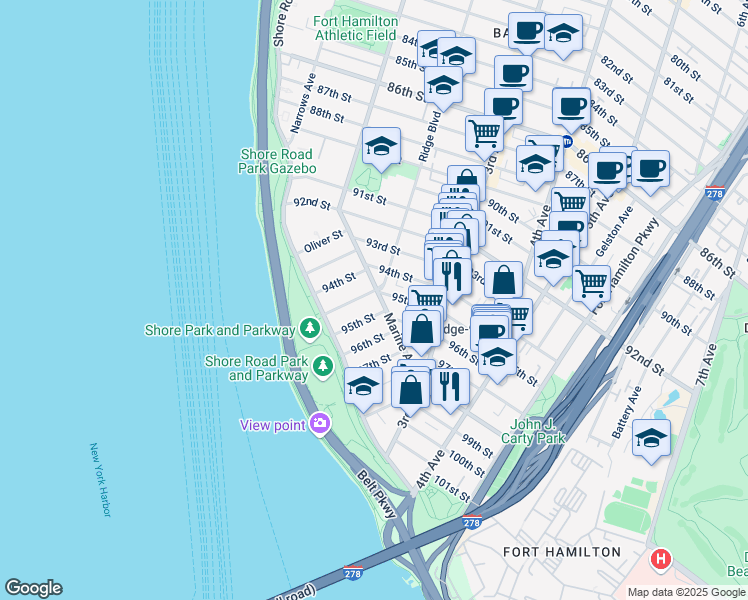 map of restaurants, bars, coffee shops, grocery stores, and more near 143 95th Street in Brooklyn