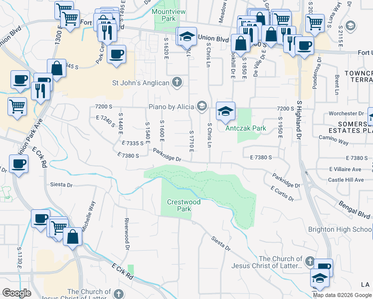 map of restaurants, bars, coffee shops, grocery stores, and more near 1692 Ensign Court in Cottonwood Heights