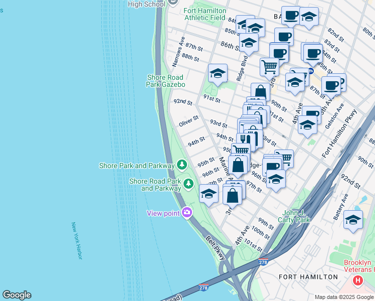 map of restaurants, bars, coffee shops, grocery stores, and more near 9411 Shore Road in Brooklyn