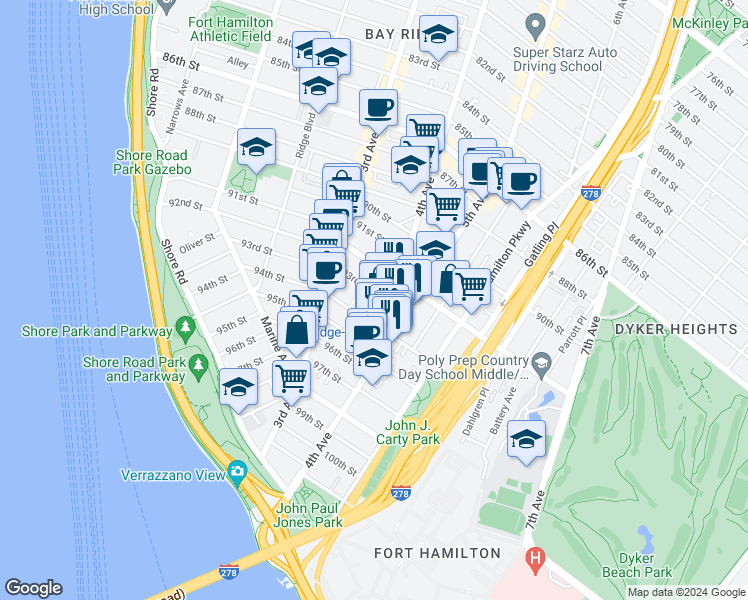 map of restaurants, bars, coffee shops, grocery stores, and more near 364 93rd Street in Brooklyn