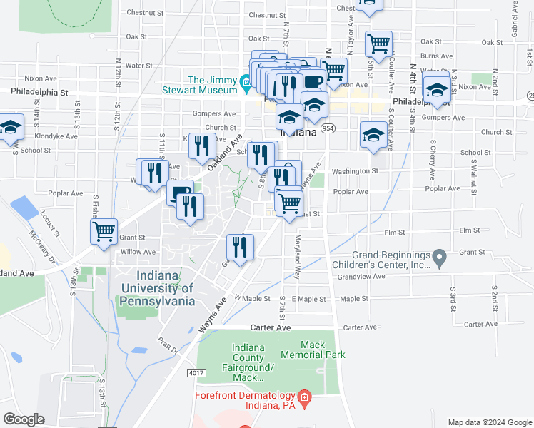 map of restaurants, bars, coffee shops, grocery stores, and more near 733 Locust Street in Indiana