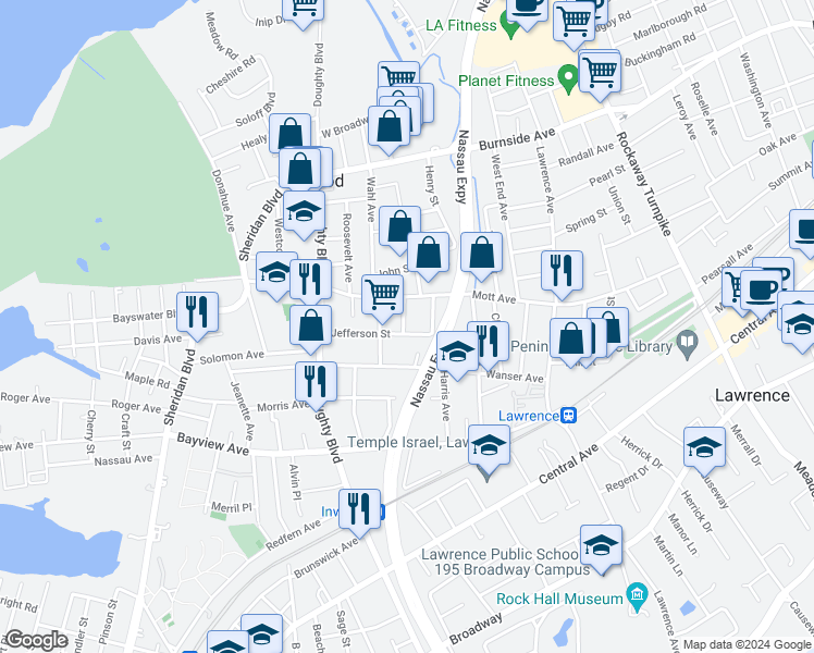 map of restaurants, bars, coffee shops, grocery stores, and more near 96 Jefferson Avenue in Inwood