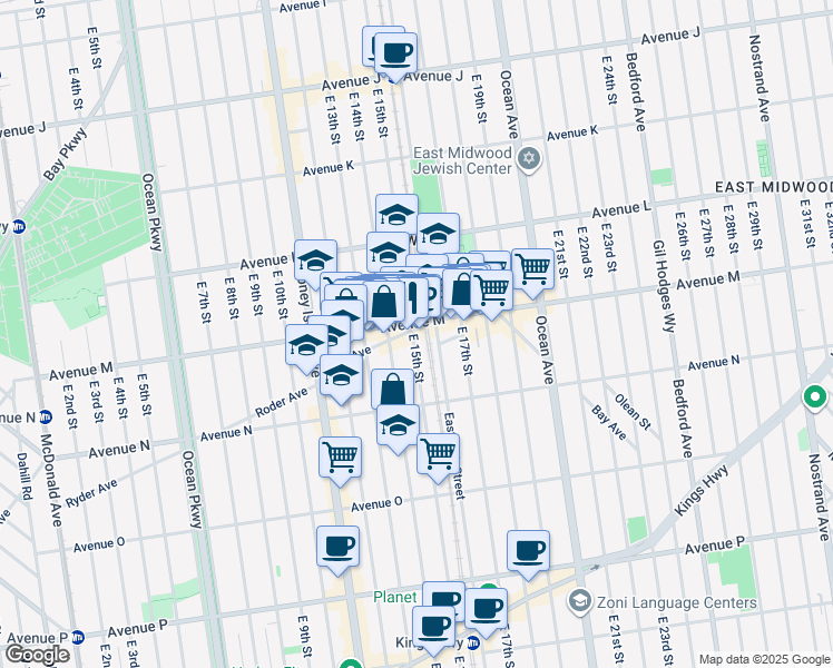 map of restaurants, bars, coffee shops, grocery stores, and more near 1337 East 14th Street in Brooklyn
