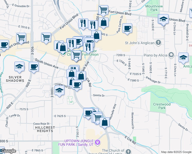 map of restaurants, bars, coffee shops, grocery stores, and more near 1222 East Waterside Cove in Cottonwood Heights