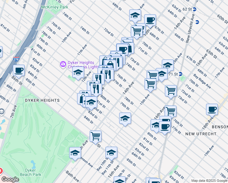 map of restaurants, bars, coffee shops, grocery stores, and more near 1346 78th Street in Brooklyn