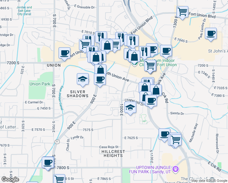 map of restaurants, bars, coffee shops, grocery stores, and more near 963 Taliesen Cove in Midvale