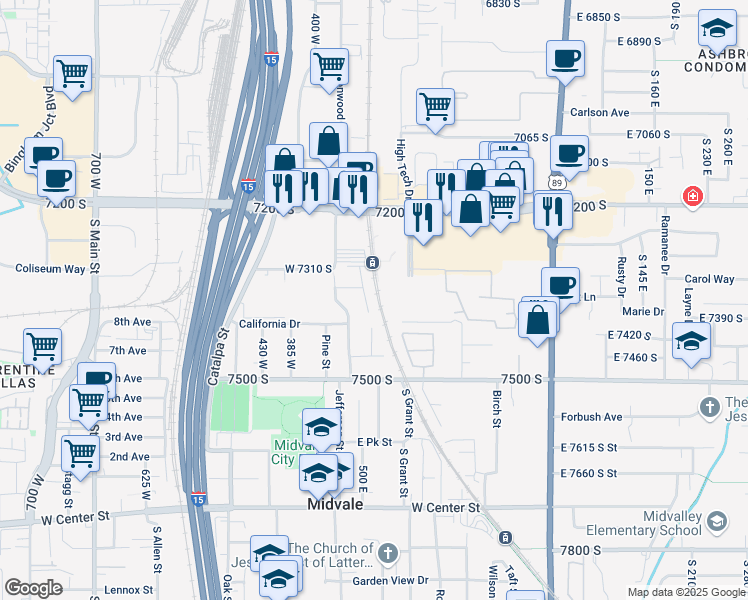 map of restaurants, bars, coffee shops, grocery stores, and more near 7371 Cypress Street in Midvale