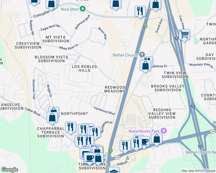 map of restaurants, bars, coffee shops, grocery stores, and more near 613 Marijean Way in Redding