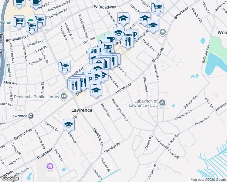 map of restaurants, bars, coffee shops, grocery stores, and more near 401 Broadway in Lawrence