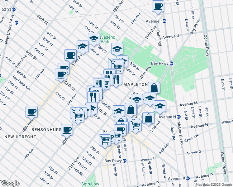 map of restaurants, bars, coffee shops, grocery stores, and more near 2057 63rd Street in Brooklyn