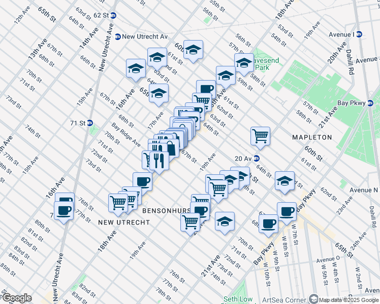 map of restaurants, bars, coffee shops, grocery stores, and more near 1843 68th Street in Brooklyn