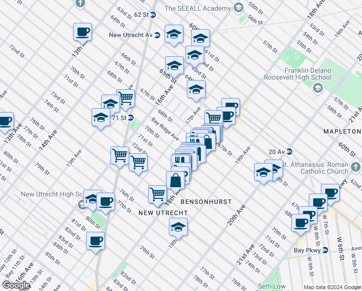 map of restaurants, bars, coffee shops, grocery stores, and more near 1724 70th Street in Brooklyn