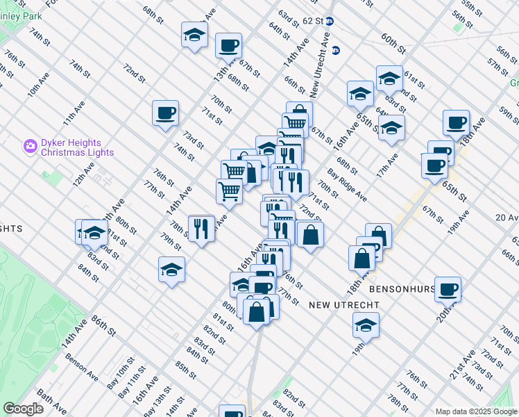 map of restaurants, bars, coffee shops, grocery stores, and more near 1566 74th Street in Brooklyn
