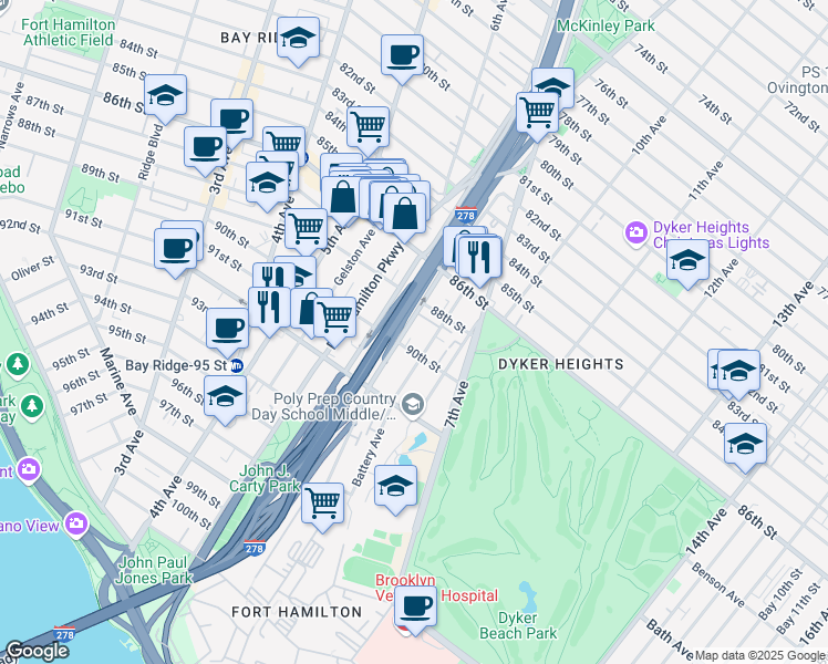 map of restaurants, bars, coffee shops, grocery stores, and more near 641 90th Street in Brooklyn