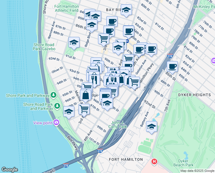 map of restaurants, bars, coffee shops, grocery stores, and more near 9326 4th Avenue in Brooklyn